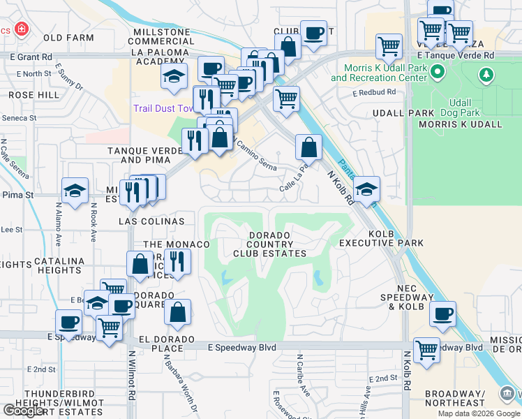 map of restaurants, bars, coffee shops, grocery stores, and more near 6698 East Paseo Dorado in Tucson