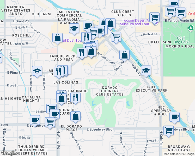 map of restaurants, bars, coffee shops, grocery stores, and more near 6600 East Paseo Dorado in Tucson