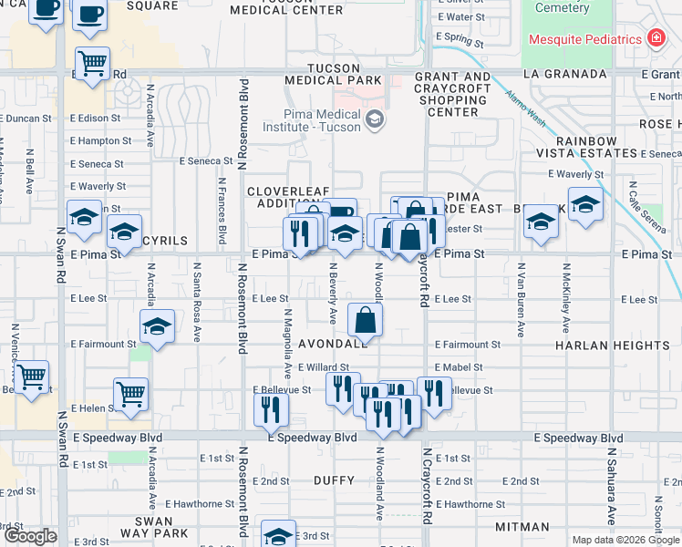 map of restaurants, bars, coffee shops, grocery stores, and more near 1629 North Beverly Avenue in Tucson