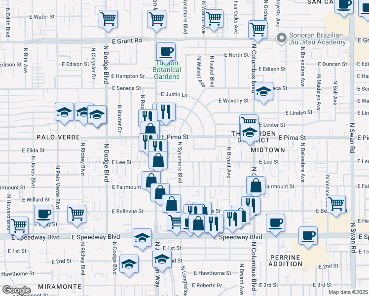 map of restaurants, bars, coffee shops, grocery stores, and more near 4034 East Pima Street in Tucson