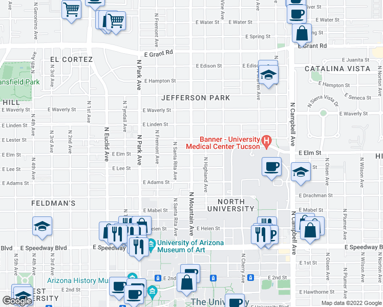 map of restaurants, bars, coffee shops, grocery stores, and more near N Mountain Ave & E Elm St in Tucson