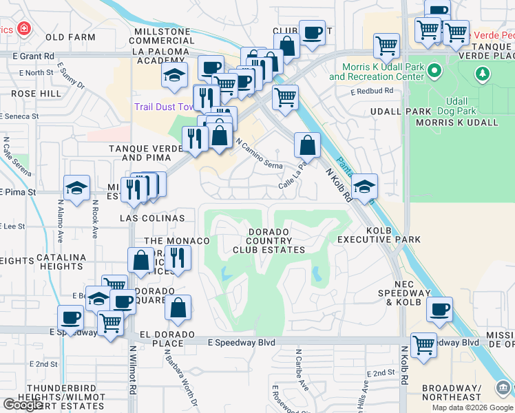 map of restaurants, bars, coffee shops, grocery stores, and more near 6688 East Paseo Dorado in Tucson