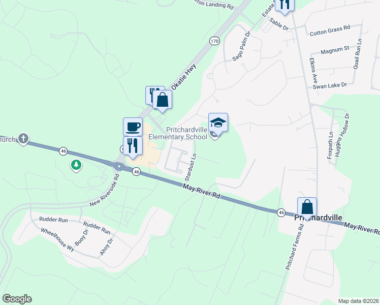 map of restaurants, bars, coffee shops, grocery stores, and more near 19 Moon Beam Court in Bluffton