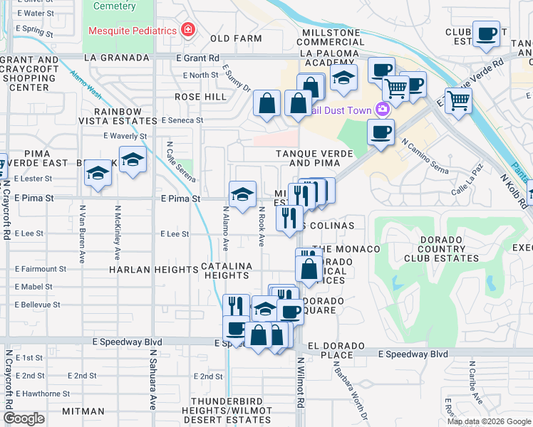 map of restaurants, bars, coffee shops, grocery stores, and more near 6180 East Pima Street in Tucson