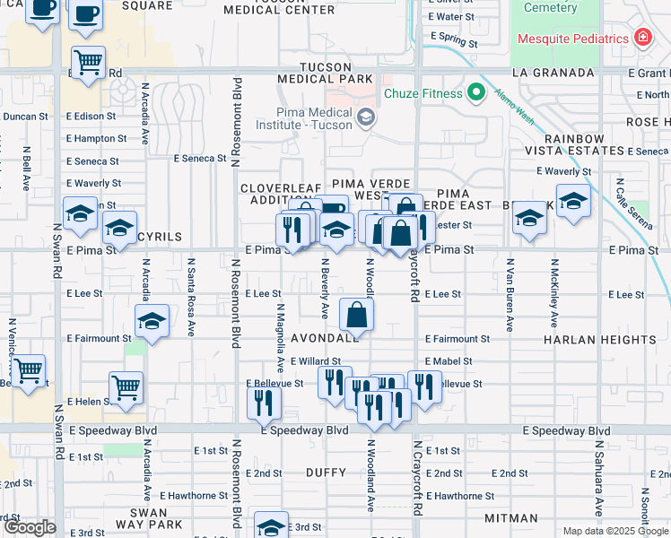 map of restaurants, bars, coffee shops, grocery stores, and more near 1629 North Beverly Avenue in Tucson