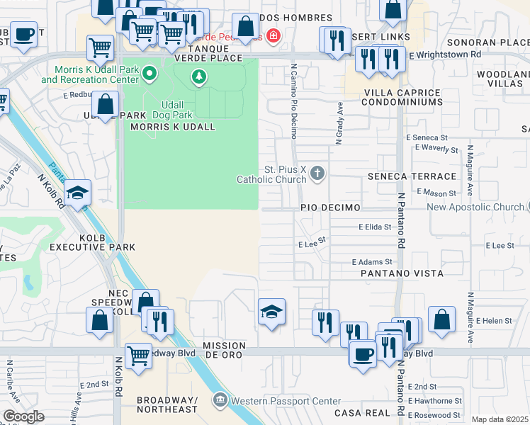 map of restaurants, bars, coffee shops, grocery stores, and more near 7512 East Pima Street in Tucson