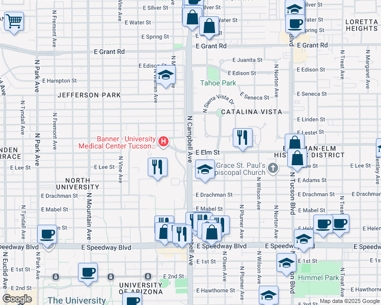 map of restaurants, bars, coffee shops, grocery stores, and more near North Campbell Avenue & East Elm Street in Tucson