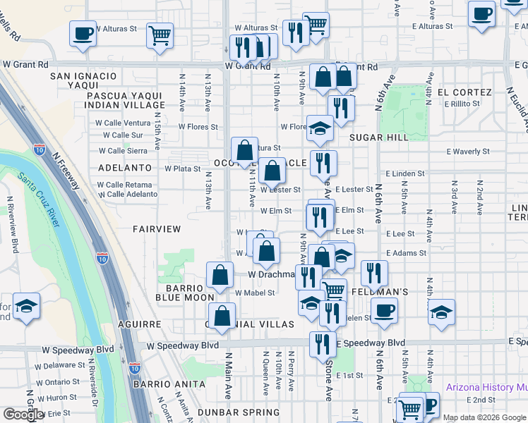 map of restaurants, bars, coffee shops, grocery stores, and more near 221 West Elm Street in Tucson