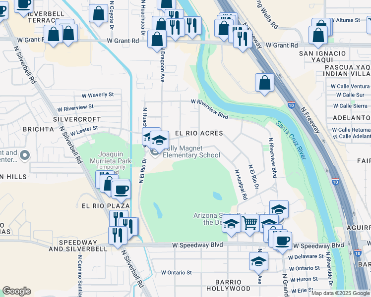 map of restaurants, bars, coffee shops, grocery stores, and more near 1615 West El Rio Drive in Tucson