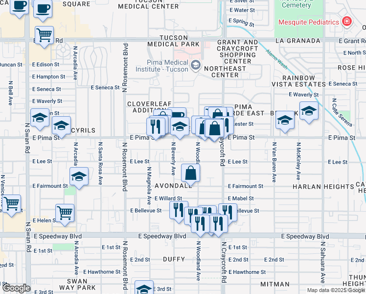 map of restaurants, bars, coffee shops, grocery stores, and more near in Tucson