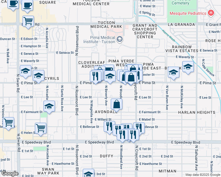 map of restaurants, bars, coffee shops, grocery stores, and more near in Tucson