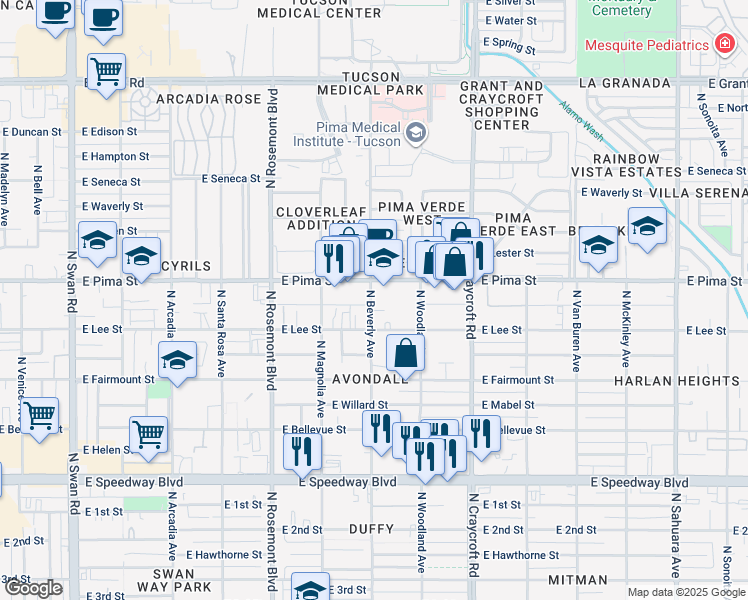 map of restaurants, bars, coffee shops, grocery stores, and more near 1629 North Beverly Avenue in Tucson