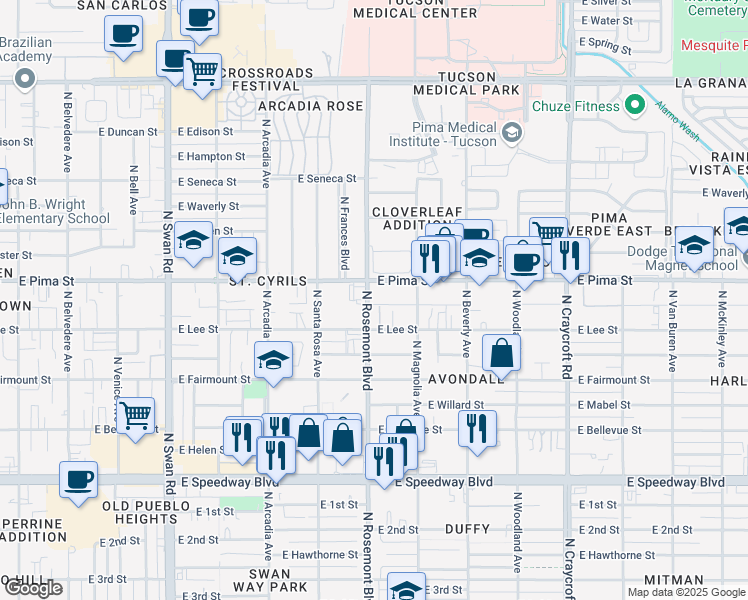 map of restaurants, bars, coffee shops, grocery stores, and more near 1631 North Rosemont Boulevard in Tucson