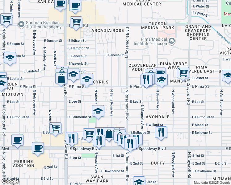map of restaurants, bars, coffee shops, grocery stores, and more near 1623 North Santa Rosa Avenue in Tucson