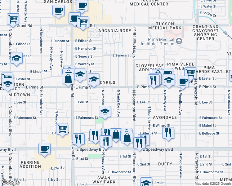 map of restaurants, bars, coffee shops, grocery stores, and more near 1623 North Santa Rosa Avenue in Tucson