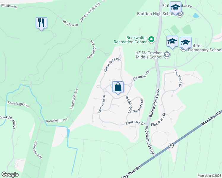 map of restaurants, bars, coffee shops, grocery stores, and more near 245 Hitching Post Crescent in Bluffton