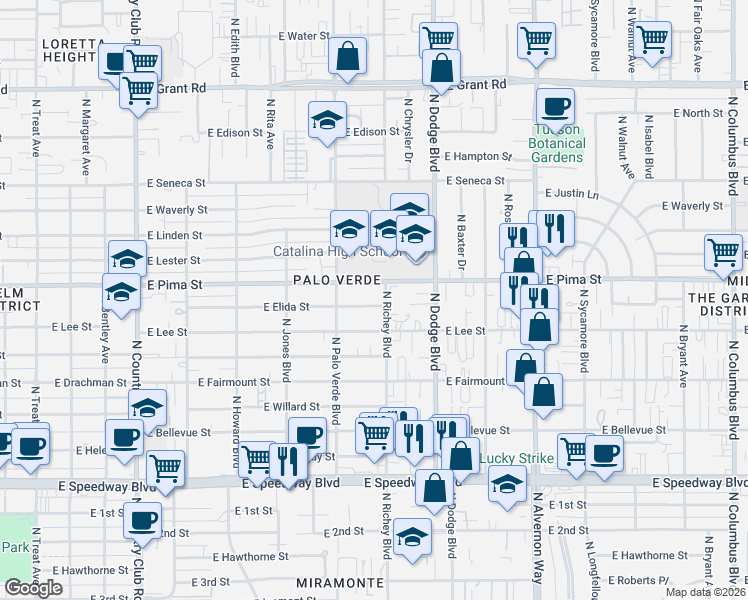 map of restaurants, bars, coffee shops, grocery stores, and more near 3547 East Elida Street in Tucson
