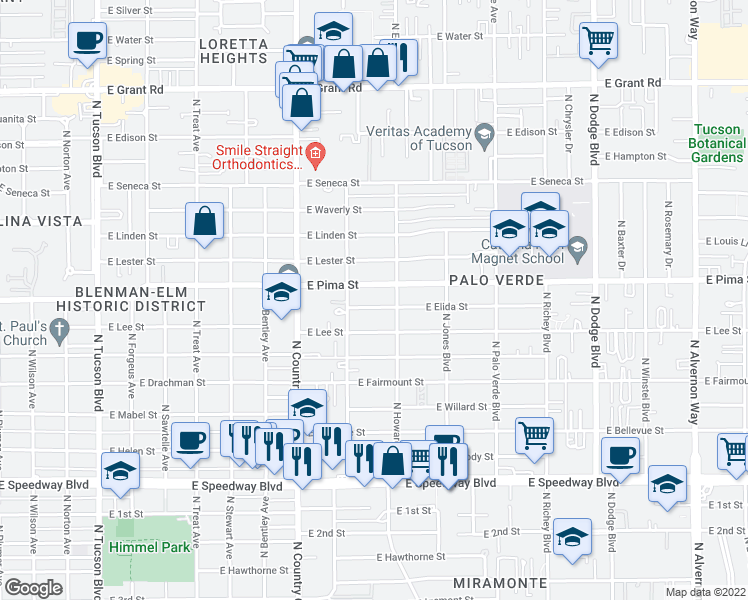 map of restaurants, bars, coffee shops, grocery stores, and more near 3233 East Elida Street in Tucson