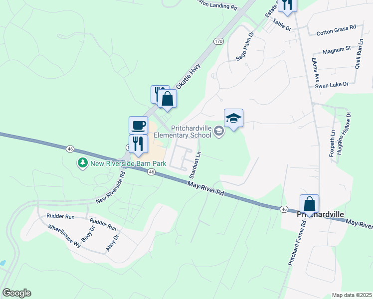 map of restaurants, bars, coffee shops, grocery stores, and more near 9319 Evan Way in Bluffton