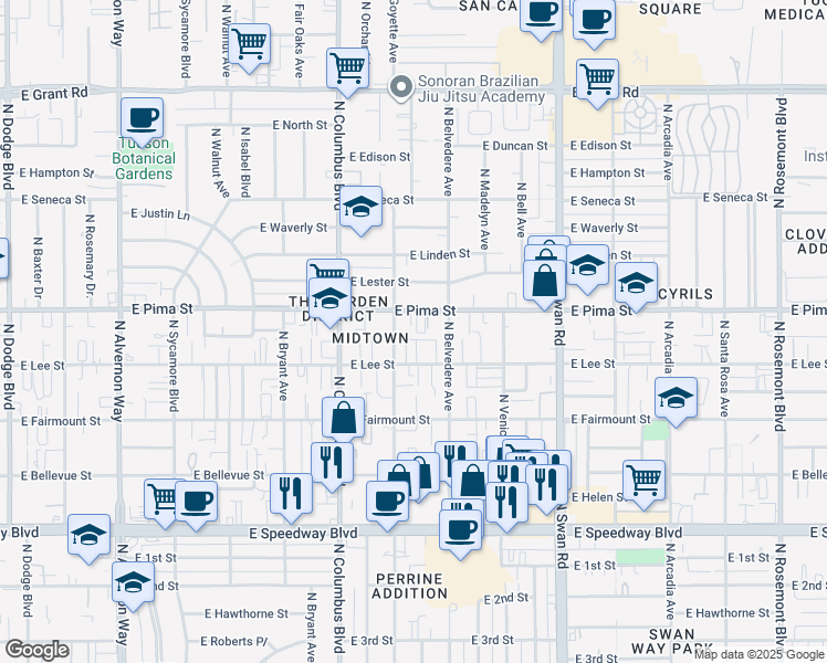 map of restaurants, bars, coffee shops, grocery stores, and more near 4420 East Pima Street in Tucson