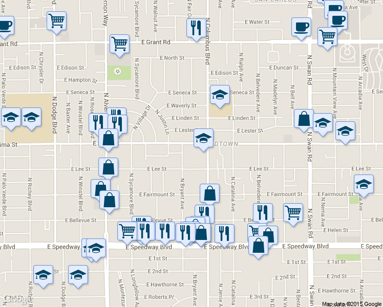 map of restaurants, bars, coffee shops, grocery stores, and more near 4232 East Pima Street in Tucson
