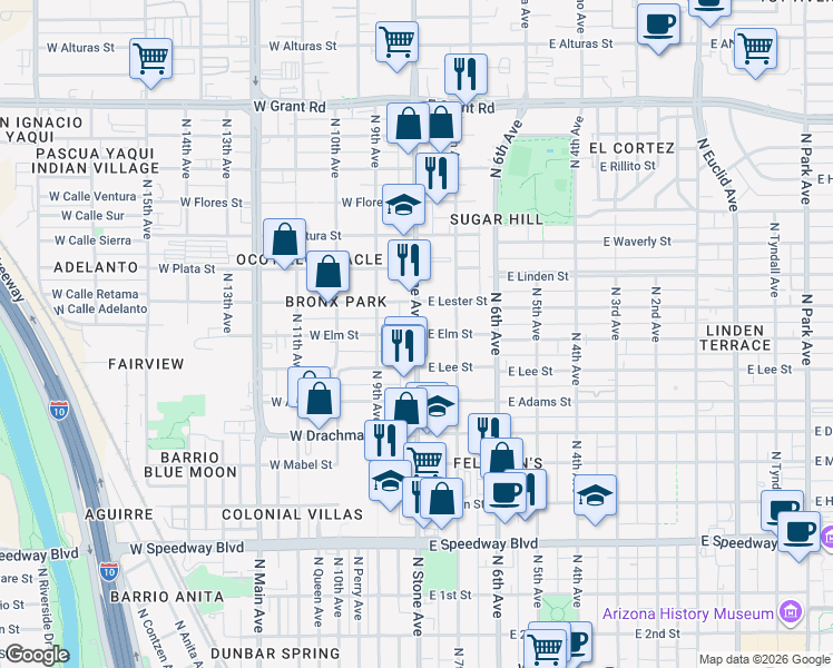 map of restaurants, bars, coffee shops, grocery stores, and more near N Stone Ave & W Elm St in Tucson