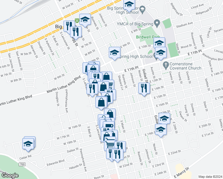 map of restaurants, bars, coffee shops, grocery stores, and more near 102 West 13th Street in Big Spring