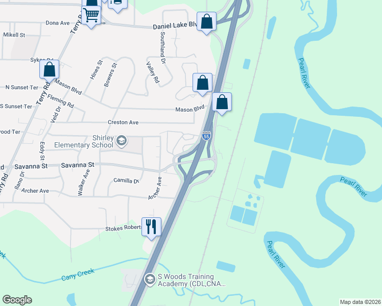 map of restaurants, bars, coffee shops, grocery stores, and more near Interstate 55 in Jackson