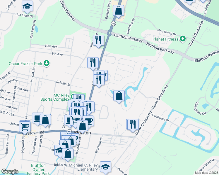 map of restaurants, bars, coffee shops, grocery stores, and more near 15b Cassandra Lane in Bluffton