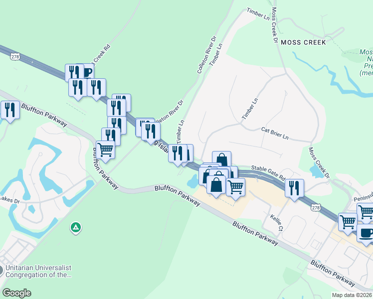 map of restaurants, bars, coffee shops, grocery stores, and more near 64 Timber Lane in Hilton Head Island