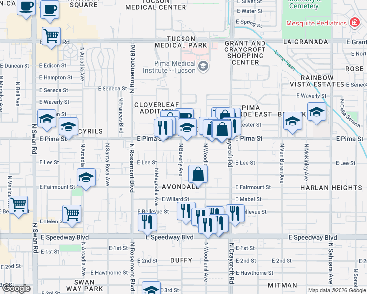 map of restaurants, bars, coffee shops, grocery stores, and more near 1629 North Beverly Avenue in Tucson