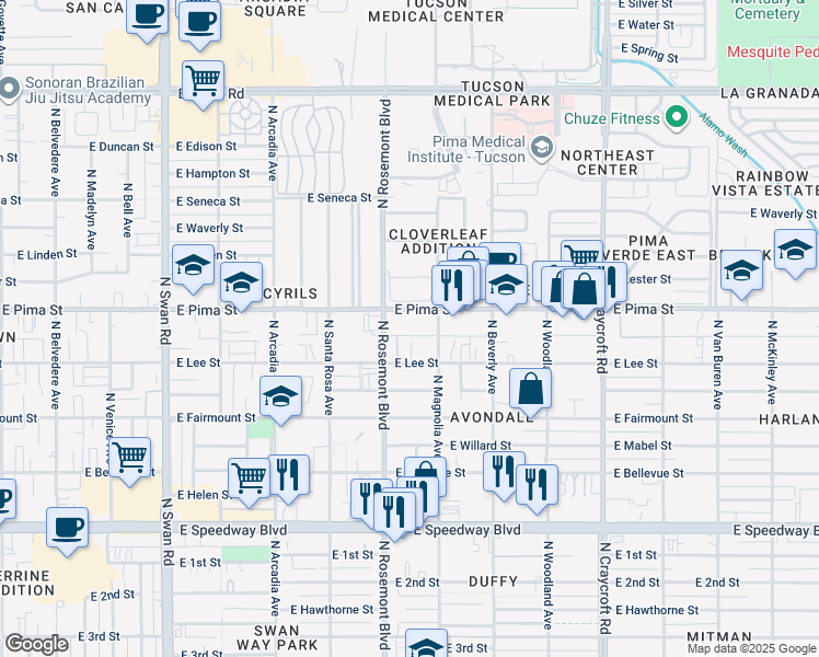 map of restaurants, bars, coffee shops, grocery stores, and more near 1631 North Sarah Place in Tucson