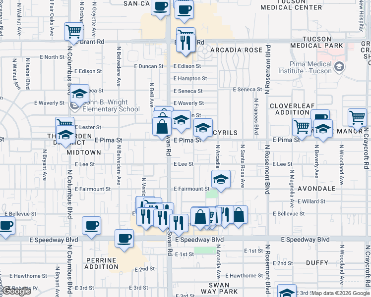 map of restaurants, bars, coffee shops, grocery stores, and more near 4791 East Joslyn Heights Place in Tucson