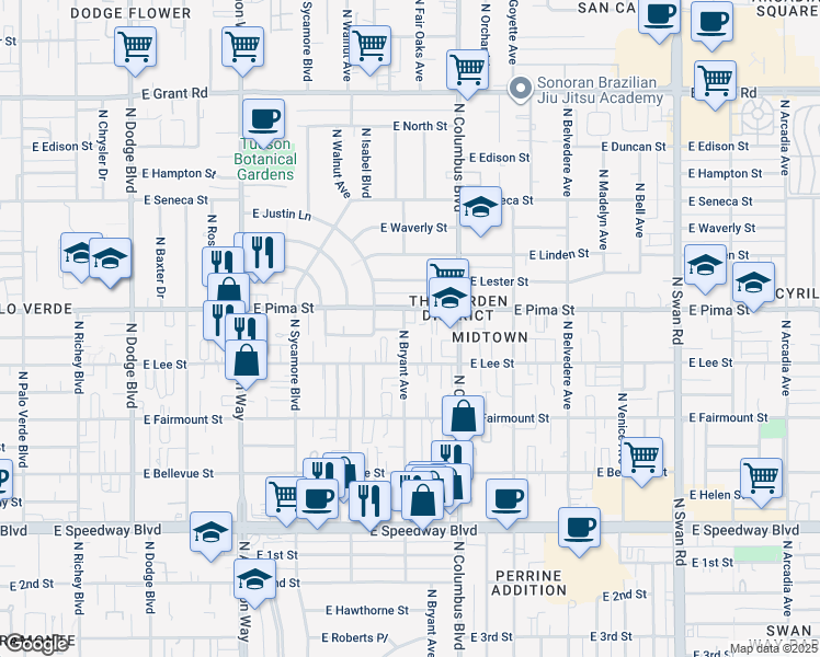 map of restaurants, bars, coffee shops, grocery stores, and more near 4232 East Pima Street in Tucson