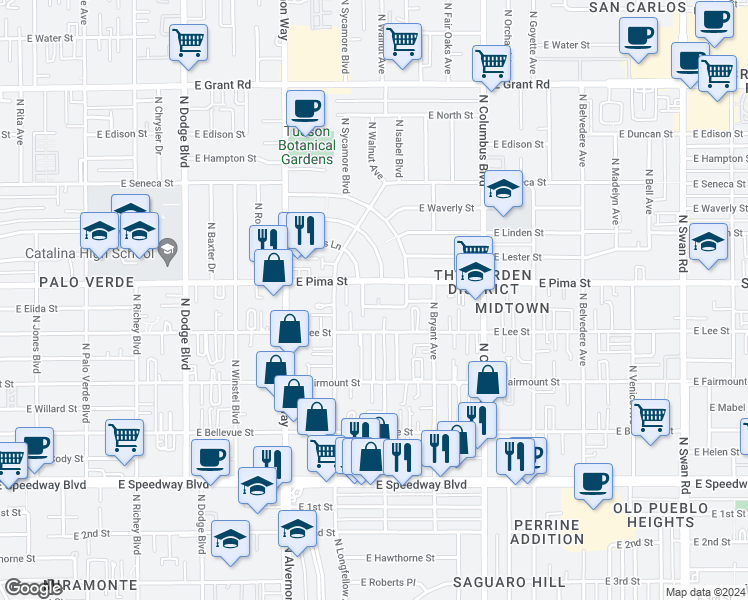 map of restaurants, bars, coffee shops, grocery stores, and more near 4048 East Harley Street in Tucson
