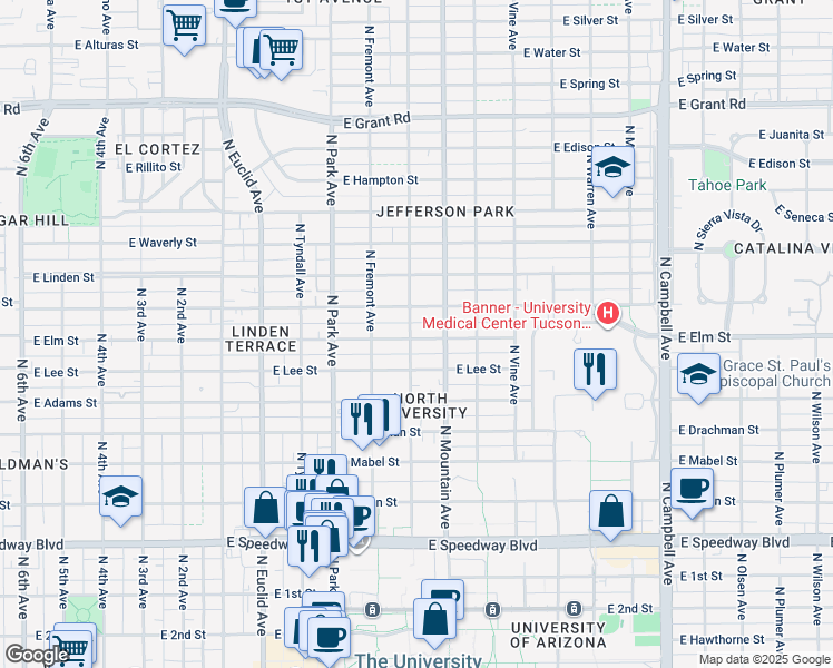 map of restaurants, bars, coffee shops, grocery stores, and more near 1204 East Elm Street in Tucson