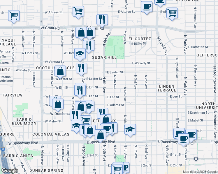 map of restaurants, bars, coffee shops, grocery stores, and more near 202 East Elm Street in Tucson
