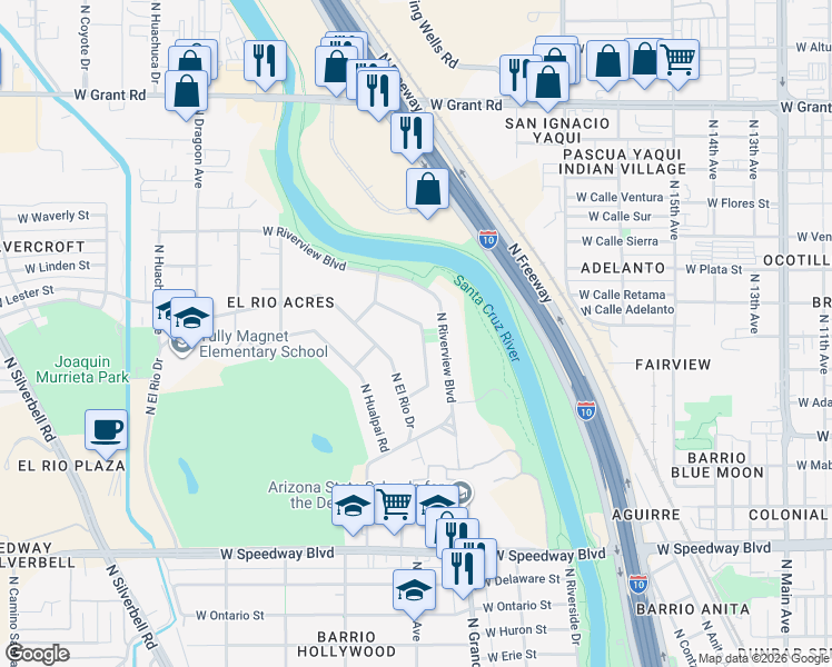 map of restaurants, bars, coffee shops, grocery stores, and more near 1595 North Yavapai Street in Tucson