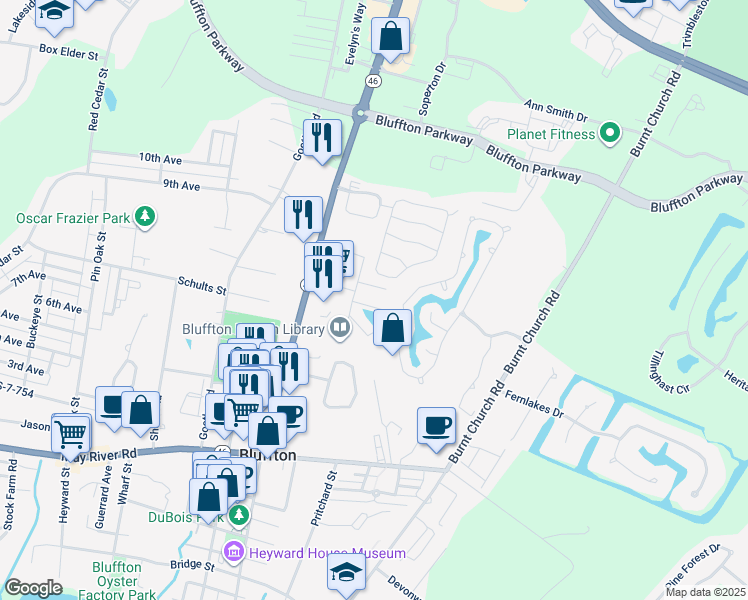 map of restaurants, bars, coffee shops, grocery stores, and more near 15b Cassandra Lane in Bluffton