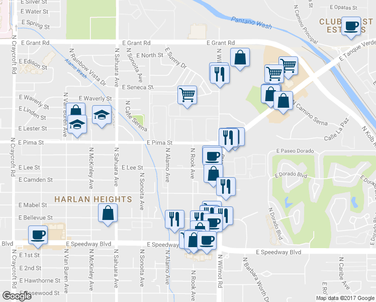 map of restaurants, bars, coffee shops, grocery stores, and more near 6180 East Pima Street in Tucson