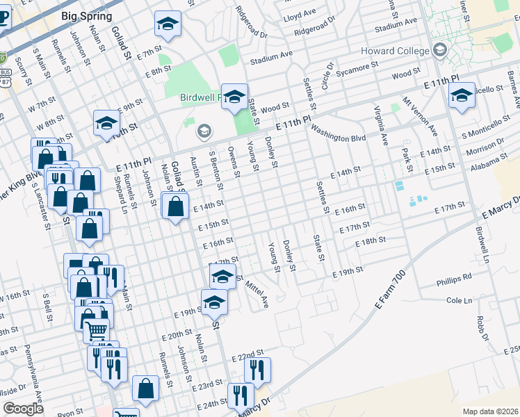 map of restaurants, bars, coffee shops, grocery stores, and more near 1401-1499 Owens Street in Big Spring