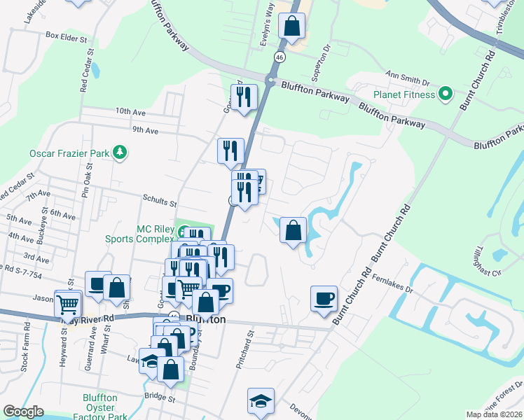 map of restaurants, bars, coffee shops, grocery stores, and more near 14 Palmetto Way in Bluffton