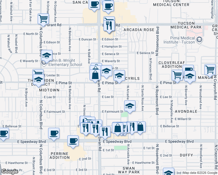 map of restaurants, bars, coffee shops, grocery stores, and more near 4791 East Joslyn Heights Place in Tucson