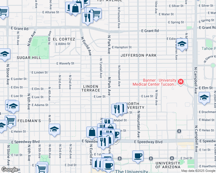 map of restaurants, bars, coffee shops, grocery stores, and more near 1002 East Elm Street in Tucson