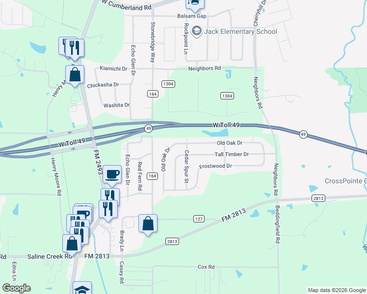 map of restaurants, bars, coffee shops, grocery stores, and more near 1763 Old Oak Drive in Tyler
