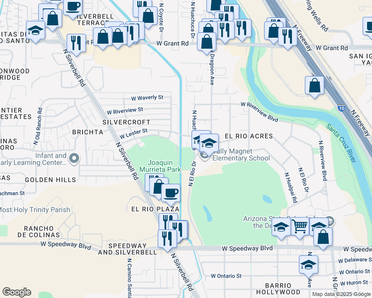 map of restaurants, bars, coffee shops, grocery stores, and more near 1705 North Huachuca Avenue in Tucson