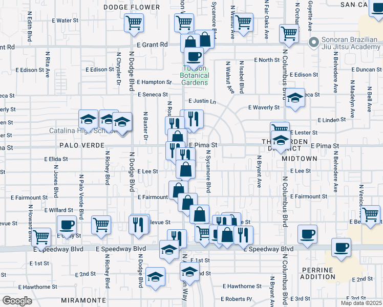 map of restaurants, bars, coffee shops, grocery stores, and more near 3904 East Pima Street in Tucson