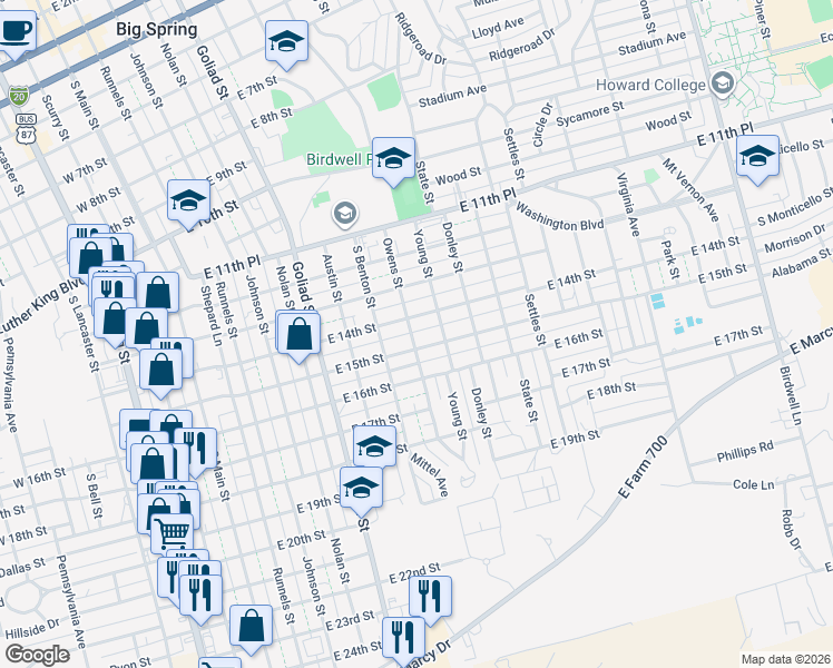 map of restaurants, bars, coffee shops, grocery stores, and more near 1401-1499 Owens Street in Big Spring