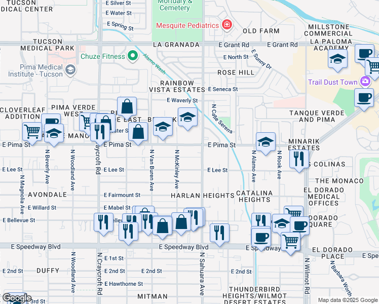 map of restaurants, bars, coffee shops, grocery stores, and more near 5834 East Elida Street in Tucson