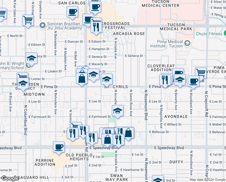 map of restaurants, bars, coffee shops, grocery stores, and more near 4851 East Lee Street in Tucson